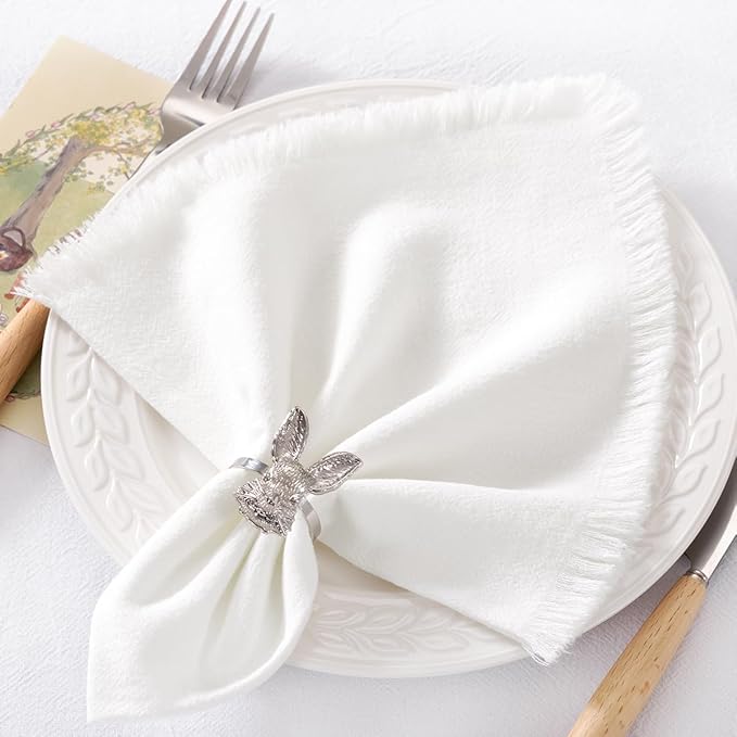 DeZerlor 6 Pack Ivory White Cotton Linen Napkins with Fringe Spring Cloth Napkins Set of 6 Boho Handmade Dinner Napkins Bulk for Wedding Bridal Baby Shower Parties, 17 x 17 Inches