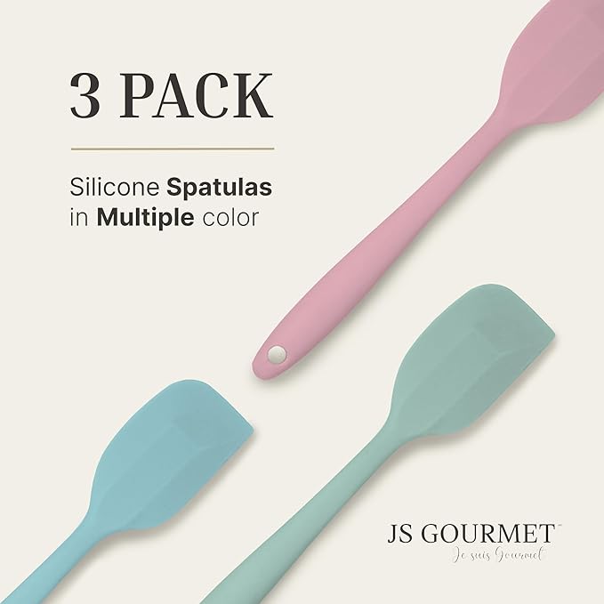 JS Gourmet 3 Pcs Colorful Silicone Spatula Set, Heat Resistant Rubber Kitchen and Baking Utensils for Non-Stick Cookware with Flexible Edges and Soft Touch Handles