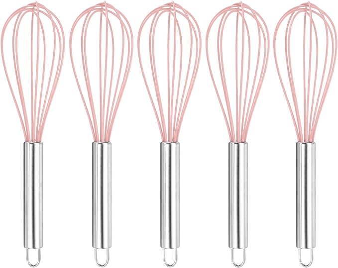 HARFINGTON 5Pcs Silicone Whisk 10" Kitchen Whisk Wire Whisks Beater with Stainless Steel Handle for Egg Milk Whisking Blending Beating & Stirring, Pink