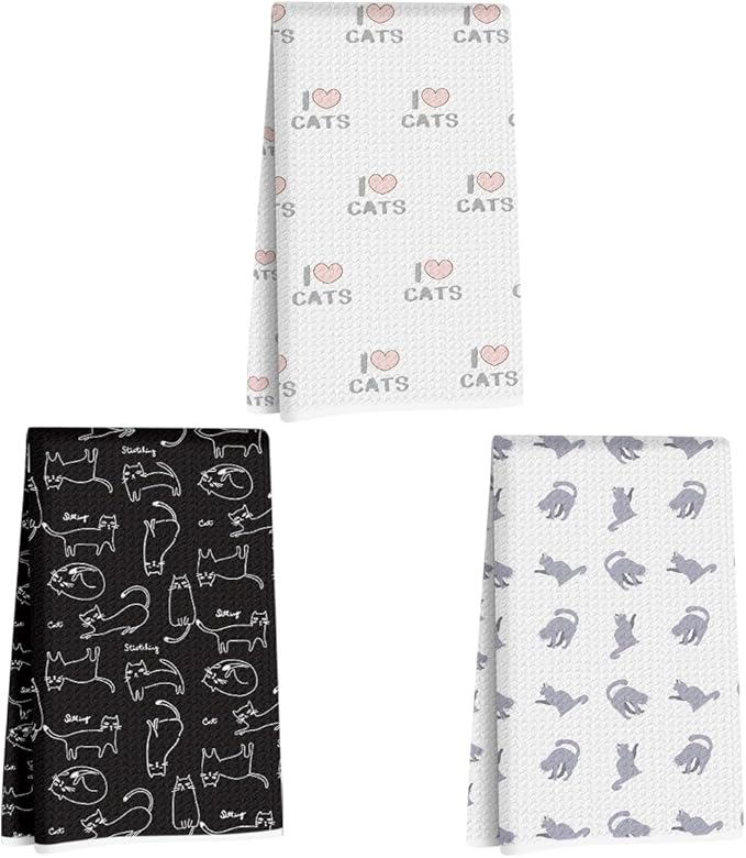 3 Pcs Cute Cat Kitchen Towels, I Love Cats Decorative Absorbent Microfiber Dish Cloth Tea Towel, Waffle Soft Hand Towels for Farmhouse Home Bathroom, Cat Lover Gifts