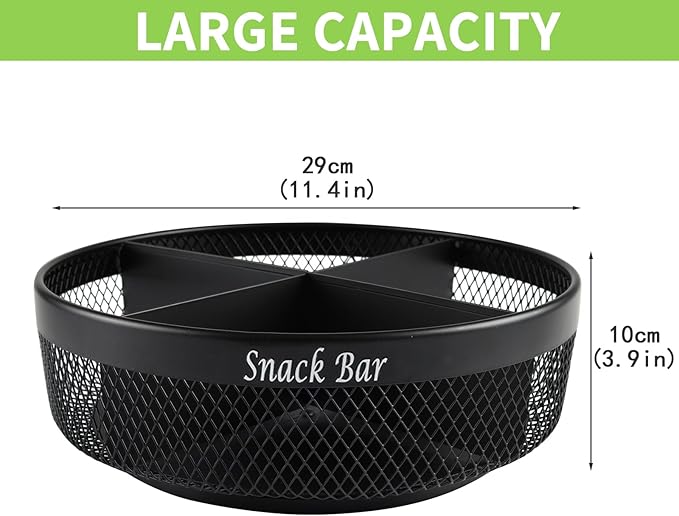 Snack Organizer for Countertop, Metal Turntable Organizer with Divider, 4 Compartment Snack Storage Spinning Snack Tray, Lazy Susan Snack Spinner for Snack Bar Organizer Pantry Storage-Black