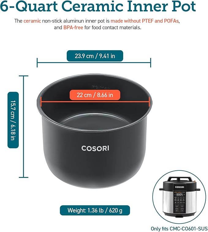 Cosori Pressure Cooker Ceramic Inner Pot, Compatible with Cosori Pressure Cooker CMC-CO601-SUS Only, BPA-Free, Non-Stick, CRP-CO601IP-SUS