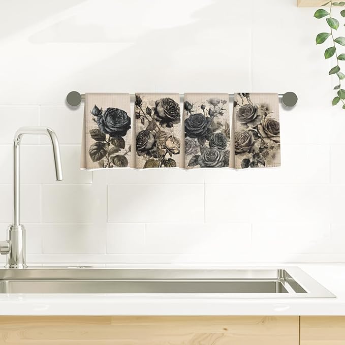 4 Pcs Black Rose Kitchen Towels, Dark Aesthetic Decorative Absorbent Microfiber Dish Cloth Tea Towel, Vintage Waffle Soft Hand Towels for Farmhouse Home Bathroom, Rose Gifts
