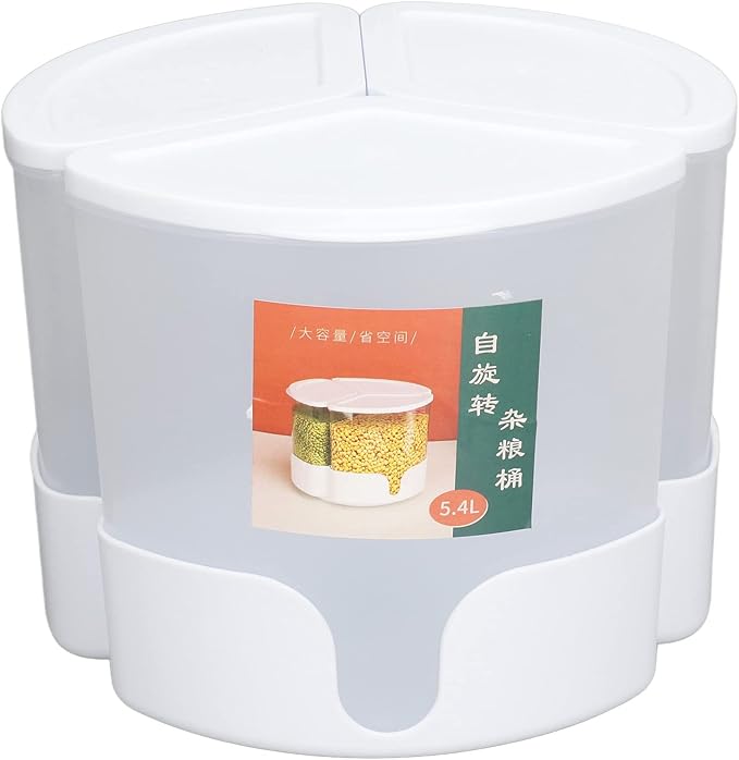 Grain Dispenser,360° Rotating Grain Storage Food Dispenser,3 Compartment Sealed Dry Food Container for Kitchen Counter Storage Organization