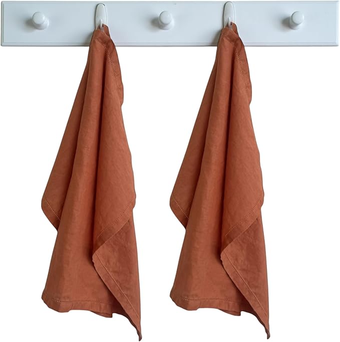 Linen Kitchen Dish Towels – 20” x 27” – 100% Pure Stonewashed Linen Hemstitch Hand Towel/Tea Towel - Set of 2 (Rustic Orange)