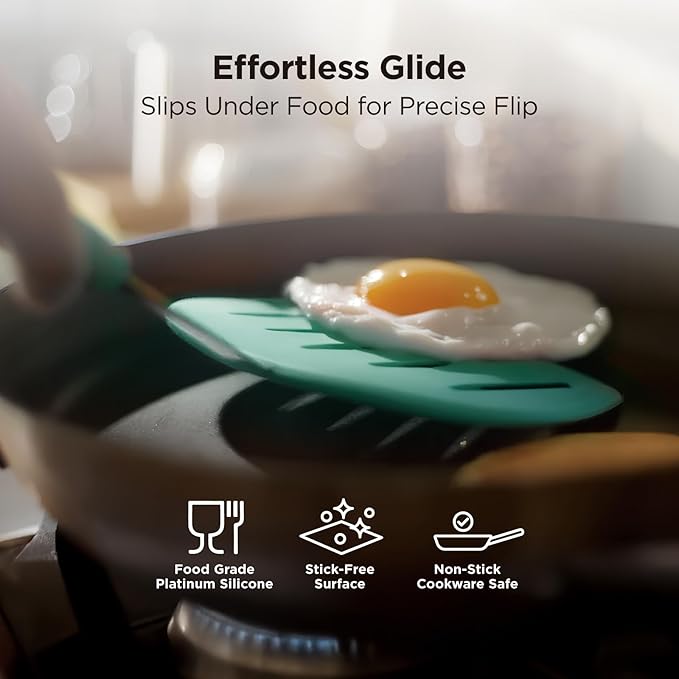 Kitchen Mama WaltzGrip Platinum Silicone Pancake Spatula Turner: Heat Resistant Flexible, Stainless Steel Core, Nonstick, Dishwasher Safe, Flipper – Ideal Kitchen Cookware for Eggs, Fish, Meat (Teal)