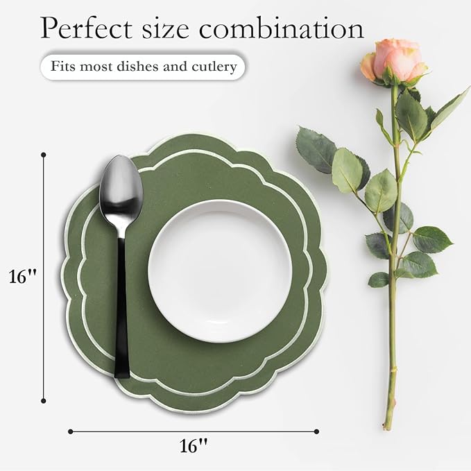 Round Placemats Set of 4, Cotton Linen- Double Layered, Luxury Scalloped Embroidered Cloth Table mats, 16 inch, Washable Fabric Dining Placemat (Green)