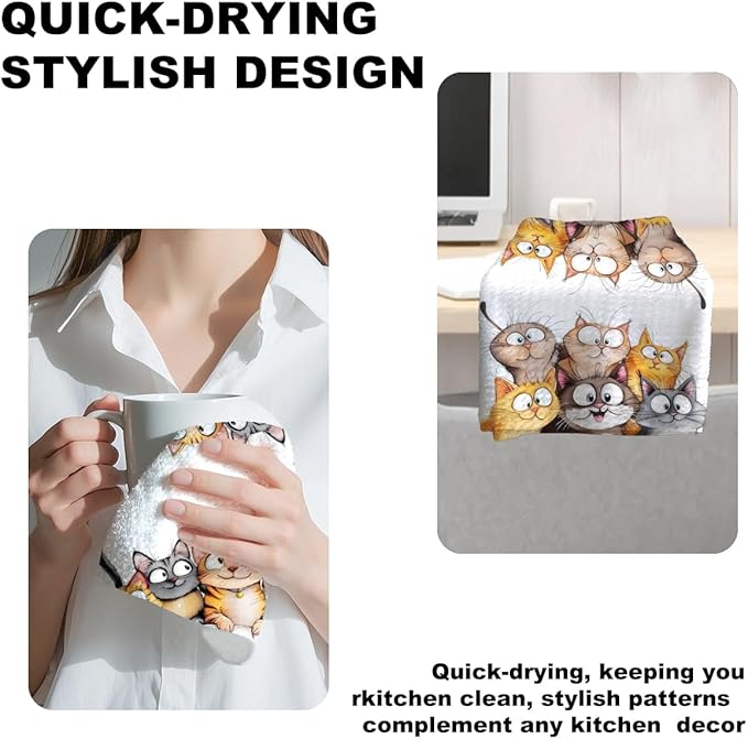Jztco 2 Pcs Cute Cat Kitchen Towels, Cats Soft Absorbent Hand Tea Towel, Microfiber Dish Cloths for Drying Dishes, Waffle Dish Towels for Kitchen Bathroom Decor, Cat Lover Gifts for Women Mom Grandma