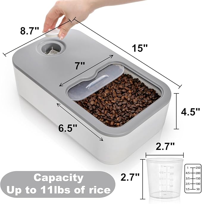 Rice Storage Container, 11 Lbs Plastic Airtight Rice Dispenser with Measuring Cup, Dry Food Storage Bucket Box with Lid, Flour Bin Pet Food Container, Kitchen Organizer for Grain Cereal, White