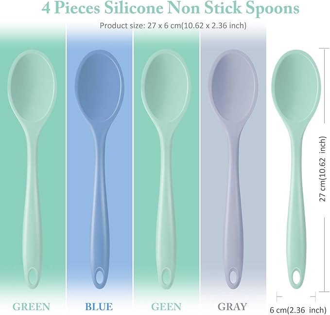 Shappy 4 Pieces Silicone Cooking Spoons 10.6 Inch Heat Resistant Kitchen Spoons for Mixing, Serving and Stirring Upgrade Large Non Stick Basting Utensils, Dishwasher Safe(Spoon,Fresh Color)