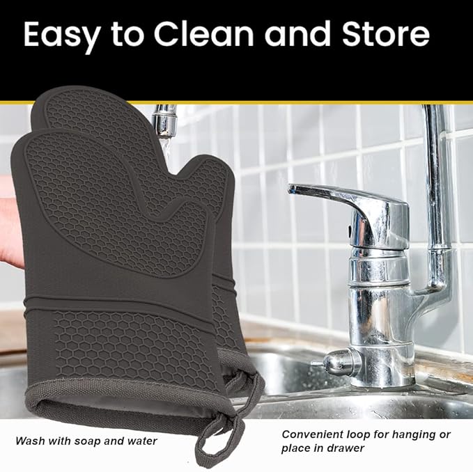 Oven Mitts, Potholders & Oven Mitts, Heat Resistant Silicone, Non-Slip, Flexible, Durable, Easy Clean, Cotton Lining, Each Oven Mitt is Double Sided (Pair of 2 Oven Mitts) Grey