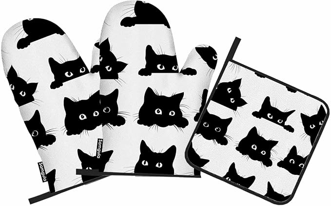 Black Cats Oven Mitts and Pot Holders Sets Bright Eyes Lovely Action Collection Heat Resistant 3pcs for Cooking Baking BBQ