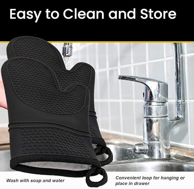Generic Silicone Oven Mitts, Non-Slip, Flexible, Durable, Easy Clean, Cotton Lined, Black (Pair of 2)