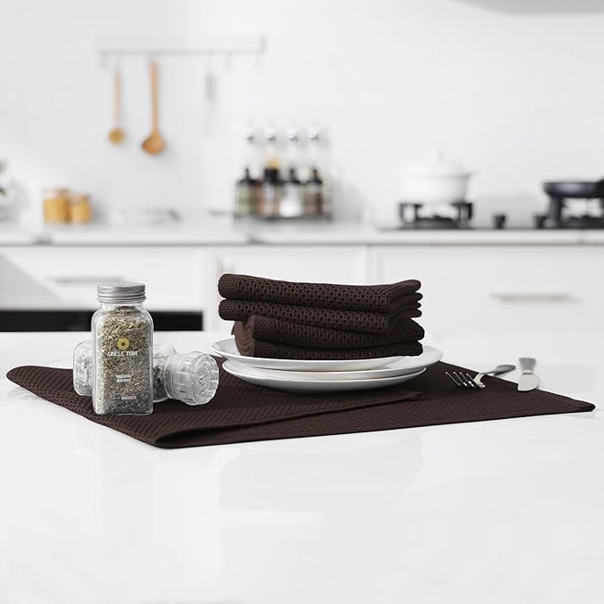 Kitinjoy 100% Cotton Waffle Weave Kitchen Hand Towels (13 X 28 Inches, Dark Brown), 12-Pack Super Soft and Absorbent Dish Towel for Drying Dishes