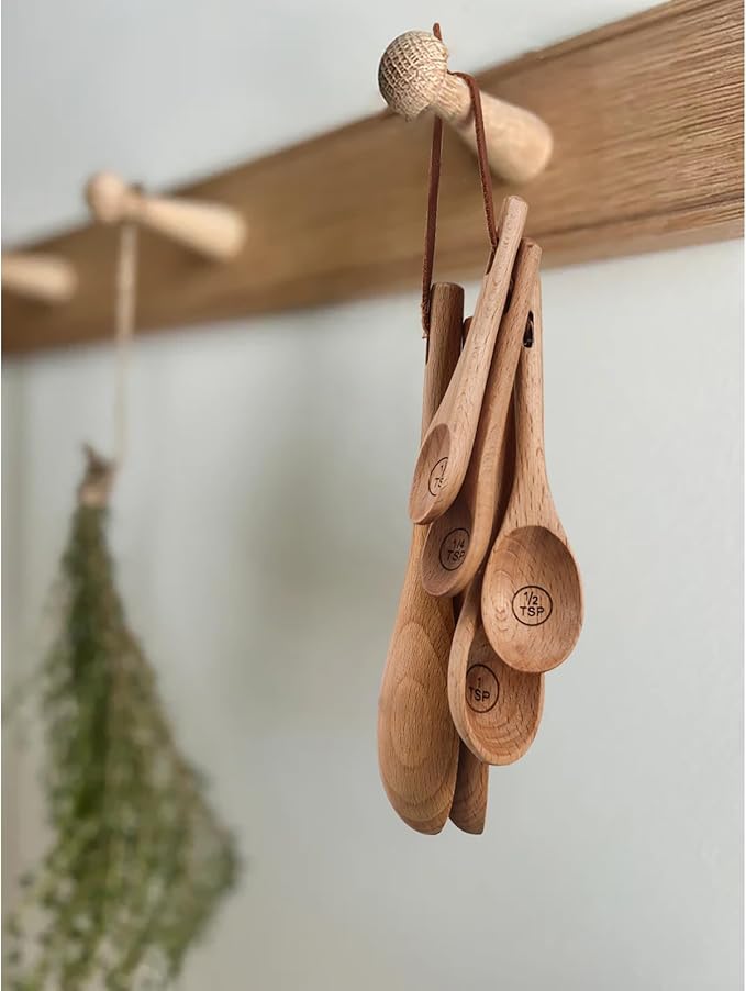 6pcs Measuring Spoons, Natural Beechwood Measuring Spoons Set Includes 1 tbsp, 1/2 tbsp, 1 tsp, 1/2 tsp, 1/4 tsp & 1/8 tsp for Cooking Baking, Rustic Teaspoon Tablespoon for Dry Ingredients