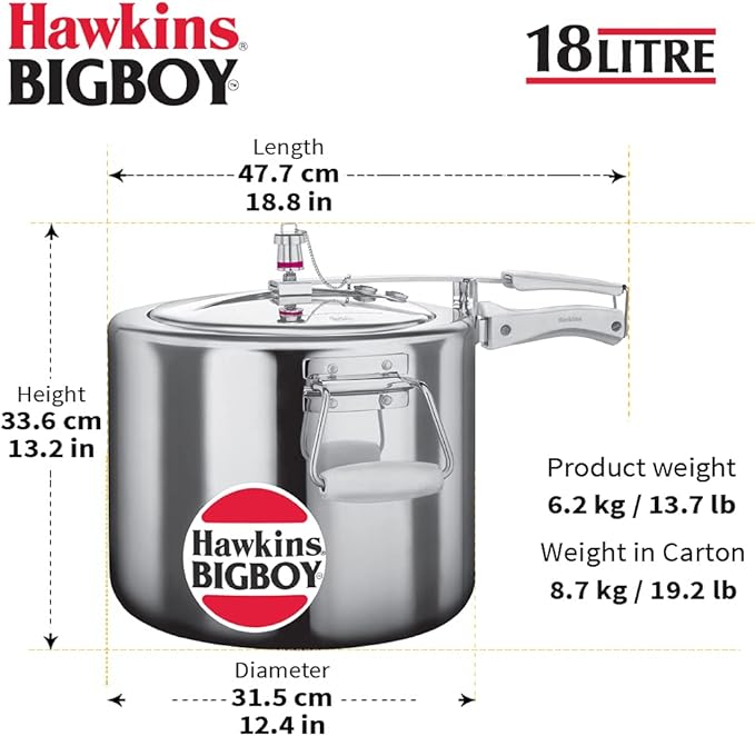 Hawkins 18 Litre Bigboy Pressure Cooker, Big Inner Lid Cooker, Silver (BB18), Aluminium