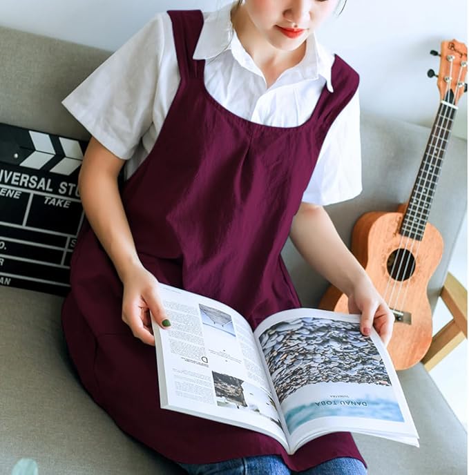NEWGEM Japanese Cotton Linen Cross Back Cooking Apron for Women Men with Pockets Cute for Baking Kitchen