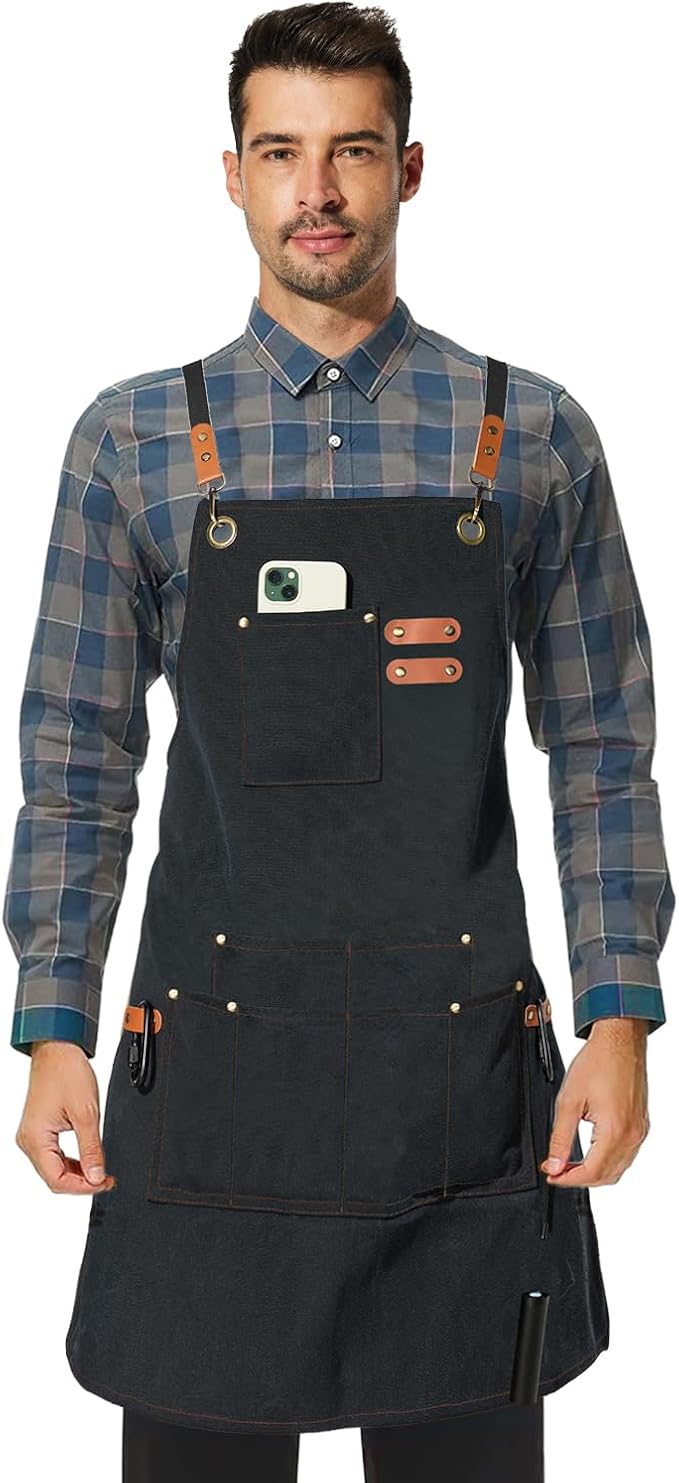 Canvas Work Apron,Cross Back Aprons for Men,Women,Cooking,Carpenter,Woodworking,Chef,BBQ,Grilling,Bartender