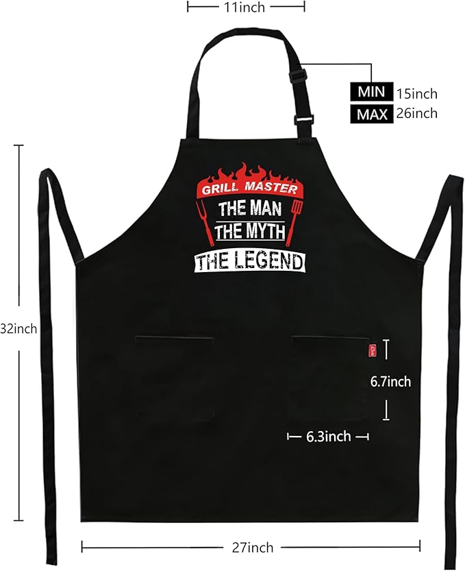 Kaidouma Grill Aprons for Men Funny - Grill Master The Man The Myth The Legend - Men’s Adjustable Bib Cooking Grilling BBQ Aprons with 2 Pockets and Long Ties