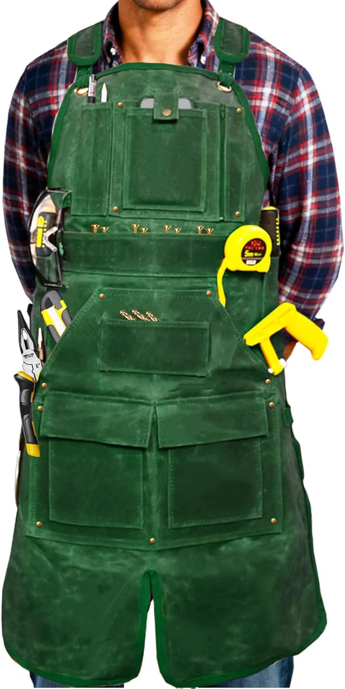 20-Pocket Heavy-Duty Waxed Canvas Work Apron – Fully Adjustable, Vintage Style Tool Organizer