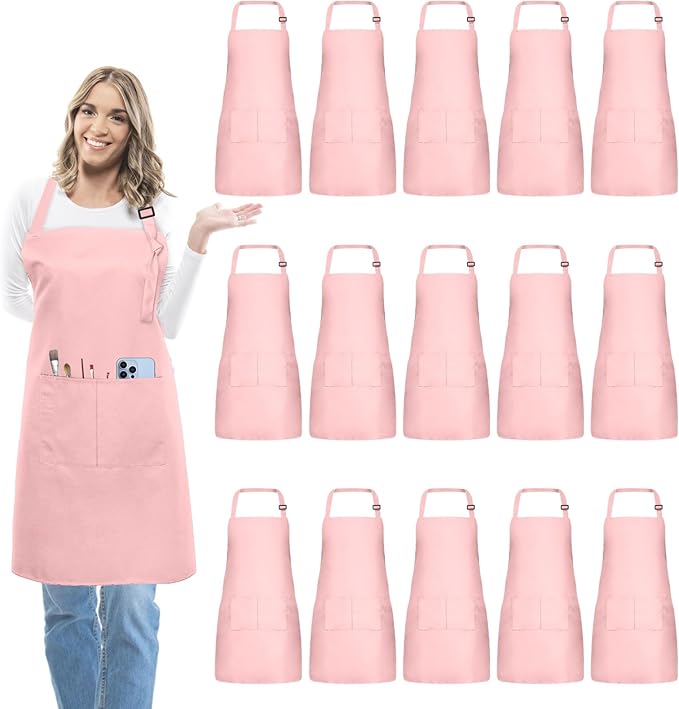 15 Pcs Adult Aprons Bulk with Pockets Adjustable Bib Chef Apron for Women Men Painting Cooking Crafting (S/L)