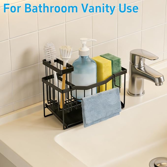 Sponge Holder for Kitchen Sink with Auto Draining Tray,Kitchen Sink Caddy Organizer with Rag Holder, Rustproof Stainless Steel Kitchen Organizers Soap Dispenser Storage Organize