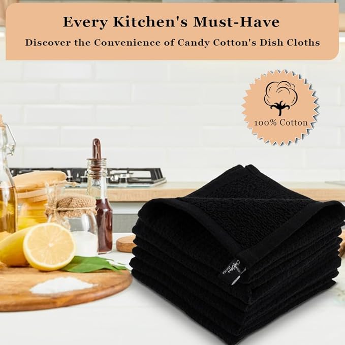 Kitchen Cleaning Dish Wash Cloths Waffle Terry Design Kitchen DishCloths|Washable 12x12 Cotton Dish Rags for Drying Dishes|Counter Top Barista Dust Wipes|Spring Easter Basket Decor| 6 Pc Set-Black