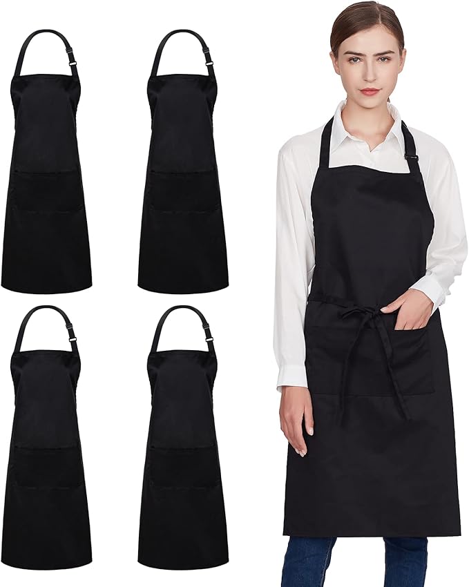 Jubatus 4 Pack 100% Cotton Aprons with 2 Pockets Cooking Chef Kitchen Adjustable Bib Apron for Women Men, Black