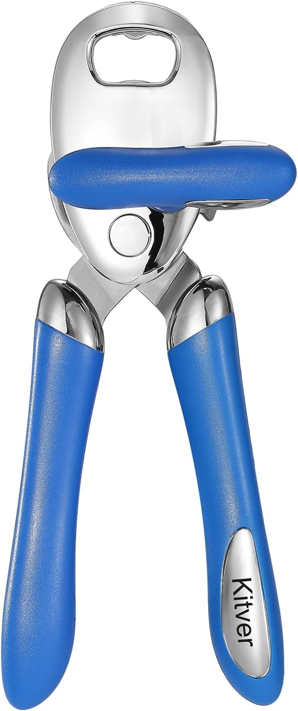 Multi-function Manual Can Opener Bottle Opener, Oversized Hand-held Easy Rotary Knob, Safe Cut Can Opener with Non-Slip Handle, Smoother Cut Sharp Blade for Seniors Kitchen Tool, Blue