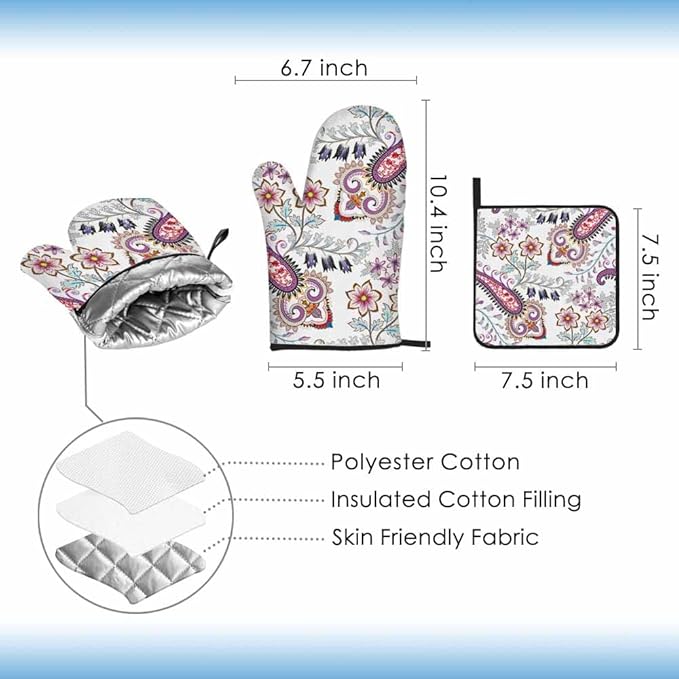 Ethnic Flowers Oven Mitts and Pot Holders Sets Leaves Purple Pastel Heat Resistant 3pcs for Cooking Baking BBQ