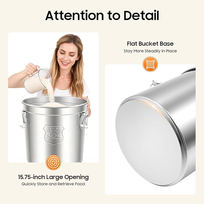 48L/12.68Gal Stainless Steel Airtight Canister Food Storage Canisters with Airtight Lid&Locking Clamp Rice Cereal Grain Canisters Container Bucket for Rice Milk Jug Coffee Bean Cookies Storage