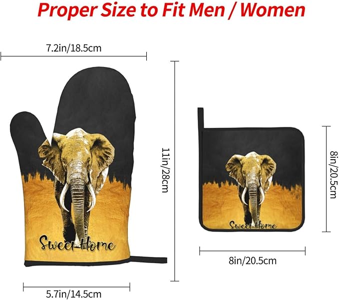 Elephant Oven Mitts and Pot Holders Sets of 3 Black Gold Hot Pads Oven Gloves Heat Resistant Non Slip Washable for Kitchen Cooking Grilling Baking