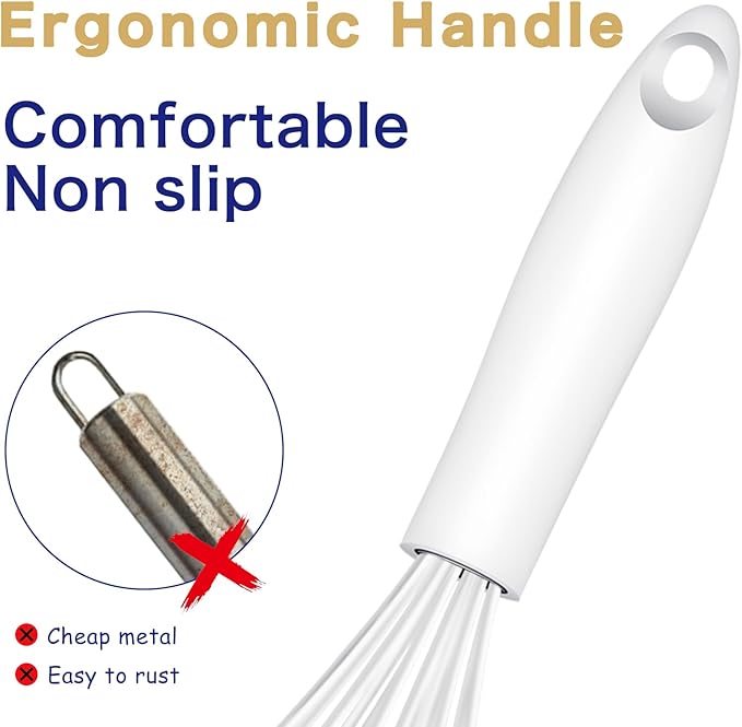 OYV White Silicone Whisk, Sealed Waterproof Design Set of 3, Professional Kitchen Whisks for Cooking Non-Scratch, Silicone&Stainless Steel Whisk, Heat Resistant 480°F Rubber wisk, BPA free