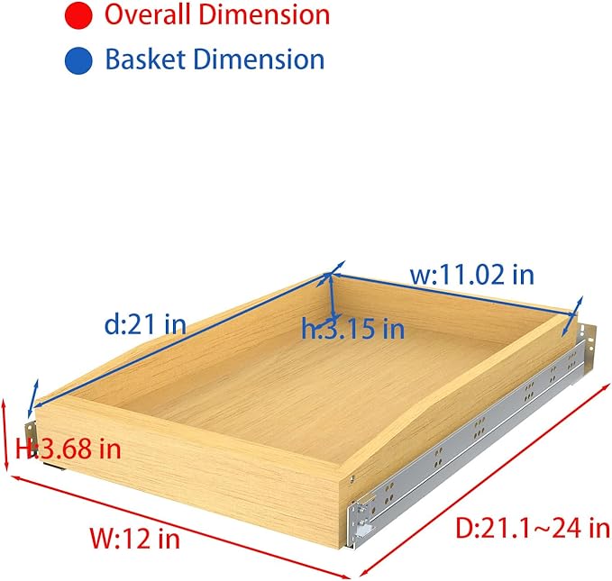 Wooden Pull out Cabinet Organizer 12" W x 21" D x 4.3" H, Heavy Duty Slide Out Drawers Pull-Out Home Organizers for Kitchen Cabinets