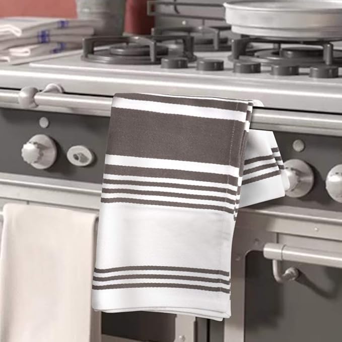 Urban Villa Kitchen Towels 100% Cotton Dish Towels for Kitchen (Set of 6) 20”x30” Dish Cloths Highly Absorbent Kitchen Linen Set with Hanging Loop Perfect for Drying Dishes Cleaning Towels-Grey White