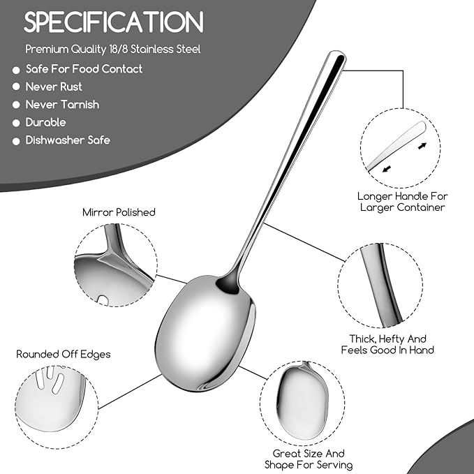 SOLEADER Extra Large Serving Spoons Set,12 Inch Stainless Steel,Cooking Spoon,Pasta Spoon,Buffet Serving Utensils,Spoons Silverware,Foodgrade 18/8 Stainless Steel,Pack of 6