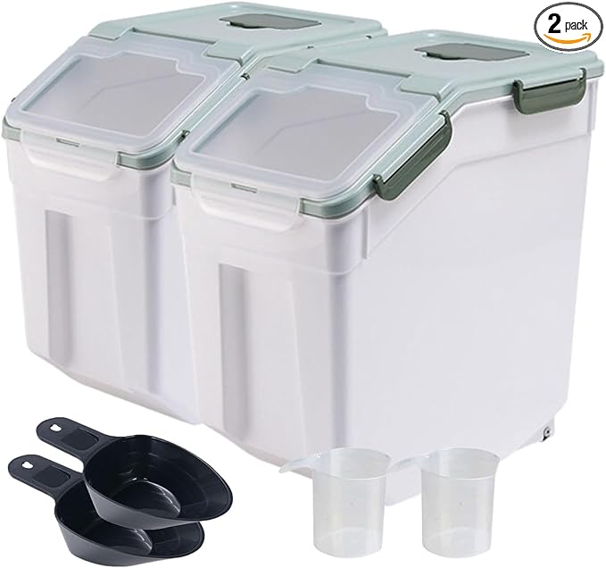 Saim Large Flour Storage Bin, 50lb Rice Storage Container with Lid, Measuring Cup & Scoop, BPA Free Plastic Rice Dispenser for Flour, Rice, Dog Food for Kitchen Pantry Organization (2 Pack Green)