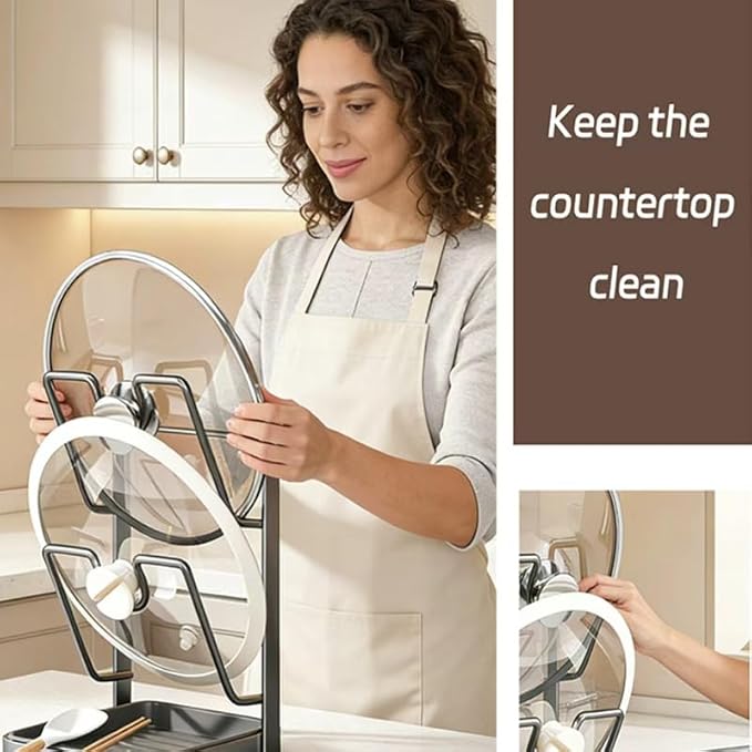 Generic Pot Lid Organizer and Kitchen Pot Lid Holder, With a Removable Drain Tray for Holding Pot Lids Spatulas Chopsticks and Spoons While Cooking,Saves Space. (White)