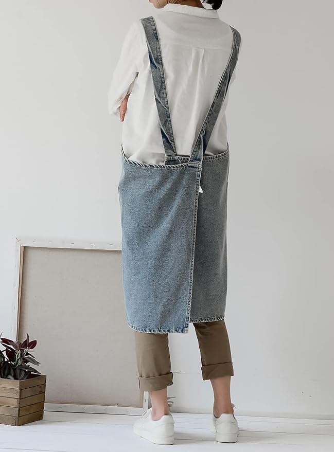 Denim Apron with Large Pockets for Cooking Kitchens, Gardening Aprons for Women Men, Bib Jean Apron for Arts Cafe Work (Style B, Light Blue)
