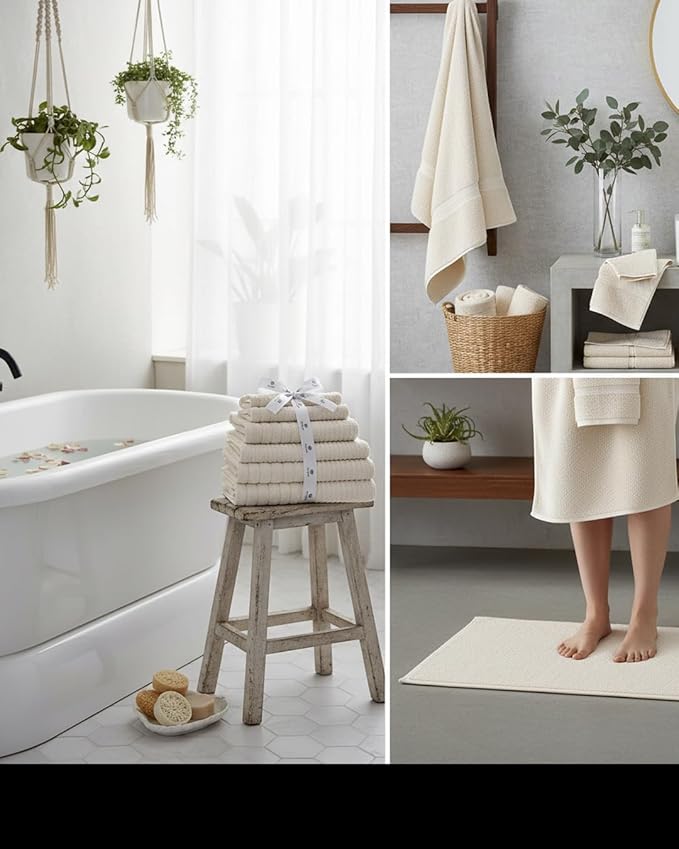 BIOLINEN 6-Piece Luxury Towel Set Ivory - 2 Bath Towels, 2 Hand Towels, 2 Washcloths - Soft Absorbent Cotton Towel Pack for Bathroom, Home, Gym & Travel