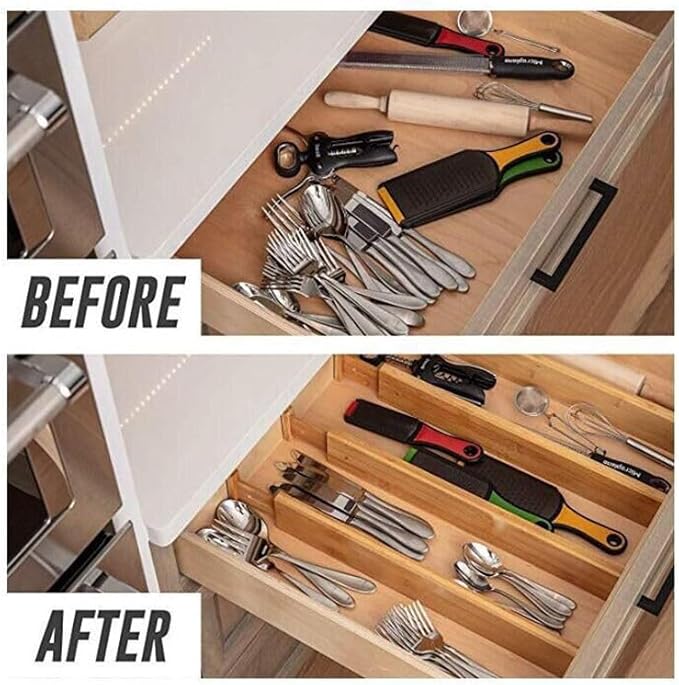 6 Pack Bamboo Drawer Dividers Adjustable – Expandable Drawer Dividers for Kitchen Drawer Organizer, Dresser Drawer Dividers, Drawer Dividers for Clothes, Wooden Drawer Organizer for Kitchen & Cabinet