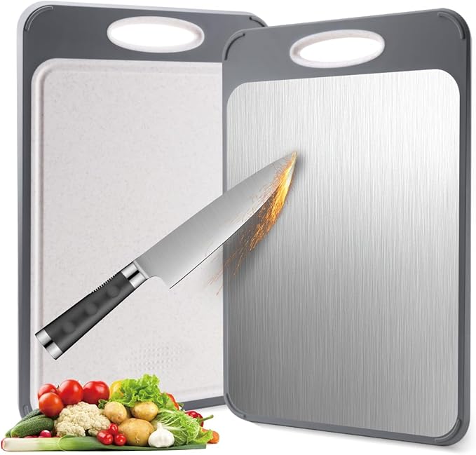 2 In 1 Cutting Boards Non Toxic for Gourmet Kitchen Aficionados - 304 Stainless Steel and Food Grade Wheat Straw Double Sided Design - Easy-Clean With Juice Groove (HQ-B002)