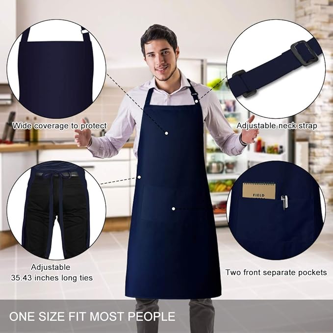 Jubatus 2 Pack Bib Aprons with 2 Pockets Cooking Chef Kitchen Apron for Women Men, Navy Blue