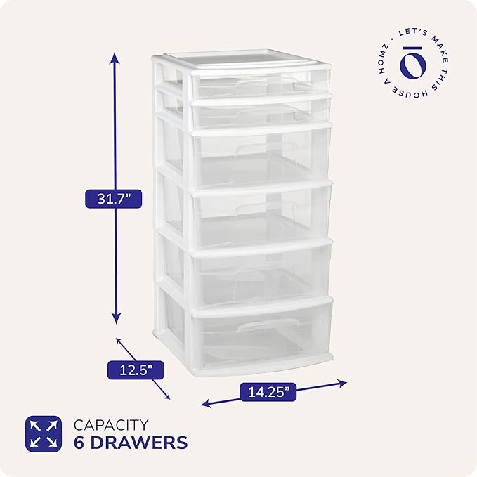HOMZ Drawer Tower, 6-Tier Clear Plastic Storage Organizer Cart, White Frame - Heavy-Duty Organizing Drawers for Home, Bedroom, and Closet Organization