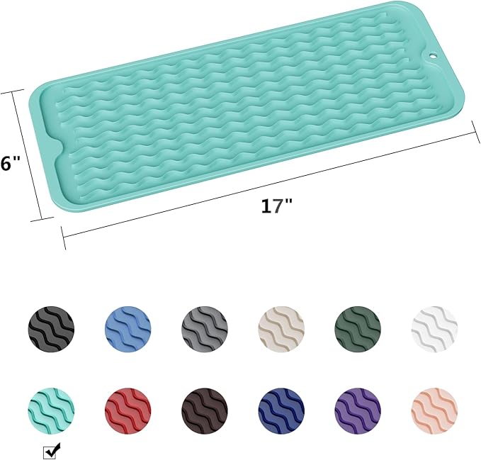 ZLR Silicone Sponge Holder & Sink Caddy Tray (6" x 17") - Narrow Dish Drying Mat for Kitchen Counter - Waterproof Soap Dispenser Organizer, Non-Slip Bathroom Vanity Tray (Mint Green)