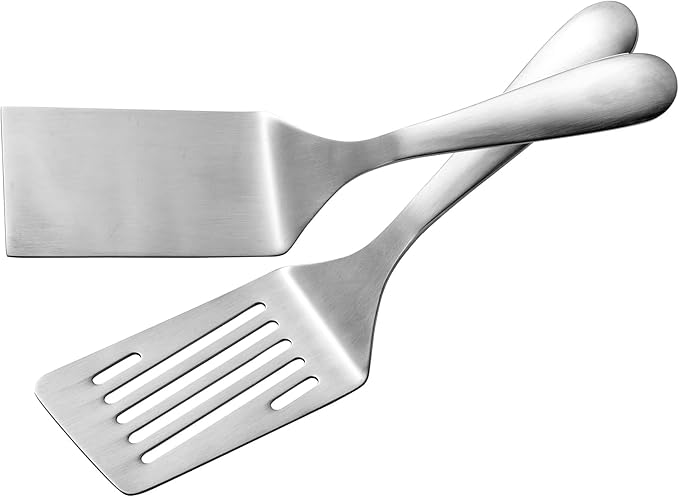 IMEEA Small Metal Spatula Set 10-Inch, SUS304 Stainless Steel Flat & Slotted Turner for Eggs, Pancakes, Sandwiches, Compact Kitchen Spatula Set of 2