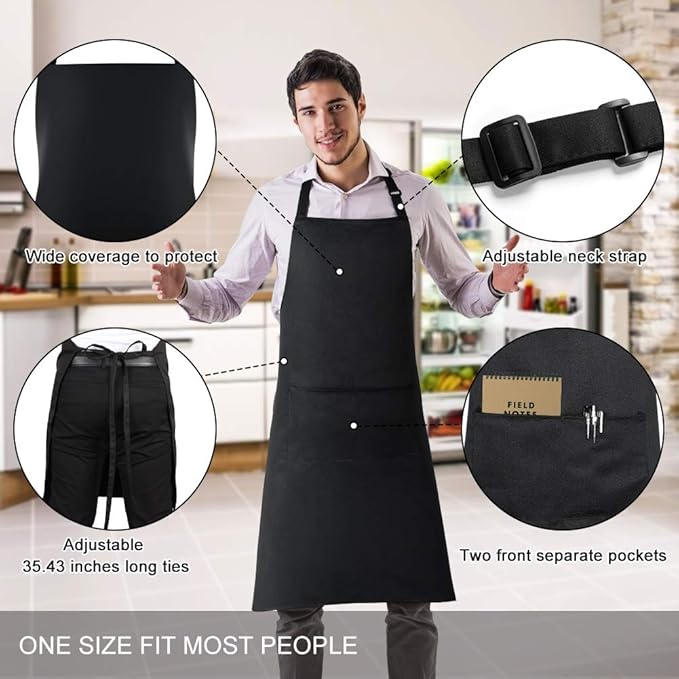 Jubatus 1 Pack Bib Aprons with 2 Pockets Cooking Chef Kitchen Apron for Women Men, Black