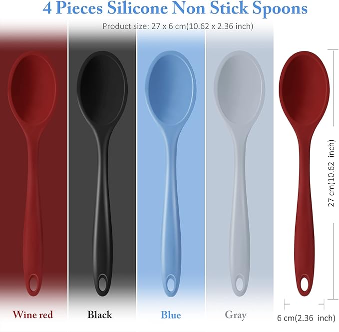 Shappy 4 Pieces Silicone Cooking Spoons 10.6 Inch Heat Resistant Kitchen Spoons for Mixing, Serving and Stirring Upgrade Large Non Stick Basting Utensils, Dishwasher Safe(Spoon,Fashionable Color)