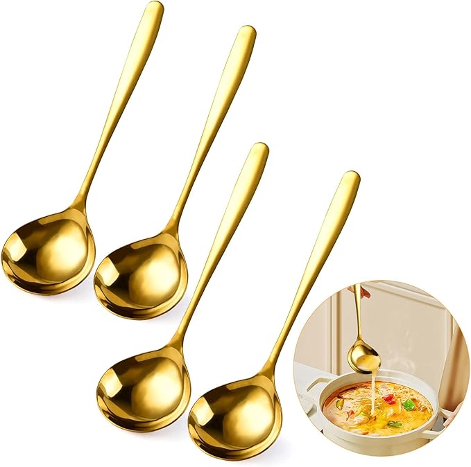 4 Pack Gold Gravy Ladles, SUS 304 Stainless Steel Sauce ladles, 8-Inch Small Soup Ladles Serving Ladle for Cooking - Dishwasher Safe
