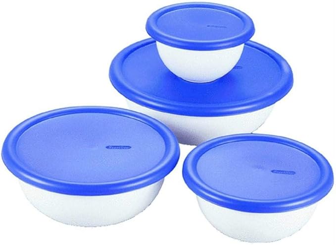 Sterilite 07479406 8 Piece Covered Bowl Set, White & Blue